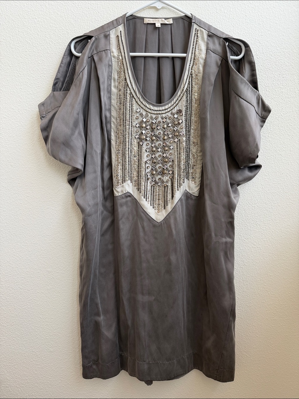 Burning Torch Grey Silk Beaded Mini Dress Size S